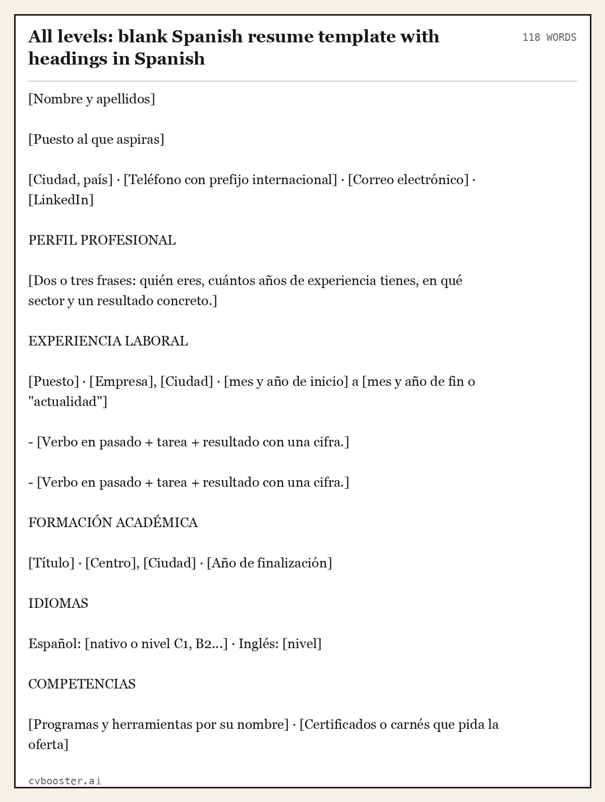 Complete All levels: blank Spanish resume template with headings in Spanish example, 118 words, laid out as it would sit in the application form