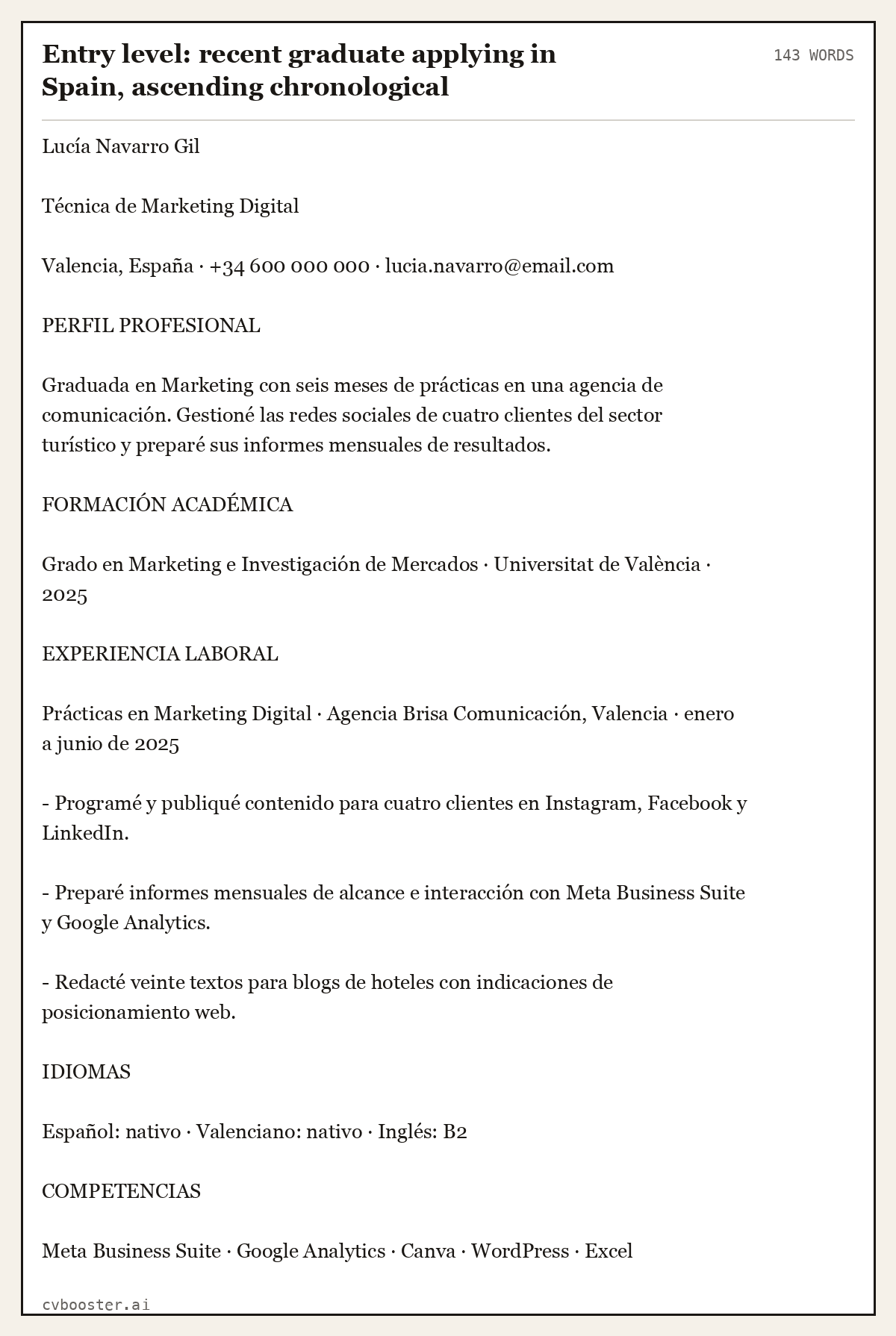 Complete Entry level: recent graduate applying in Spain, ascending chronological example, 143 words, laid out as it would sit in the application form