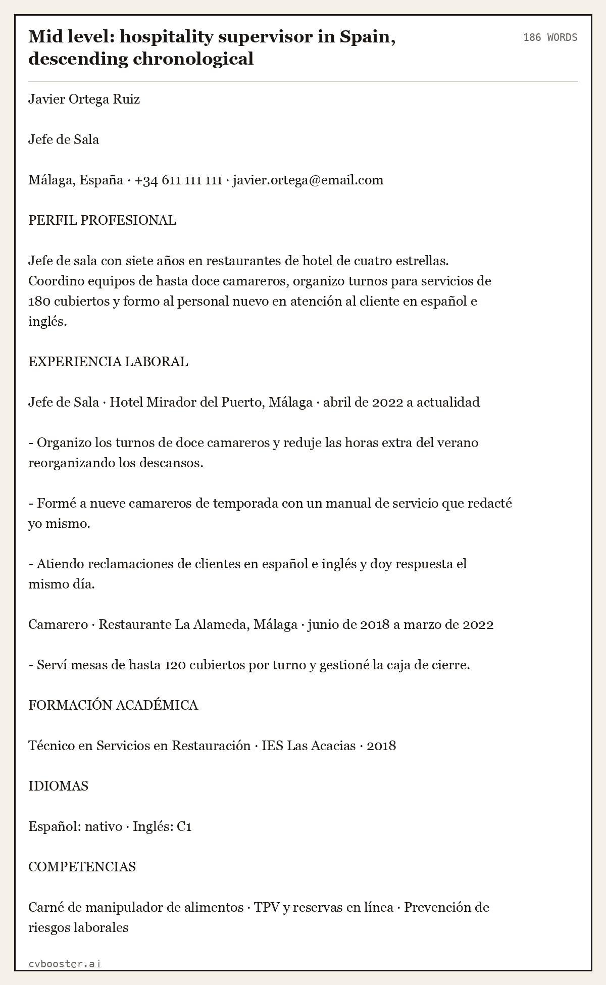 Complete Mid level: hospitality supervisor in Spain, descending chronological example, 186 words, laid out as it would sit in the application form