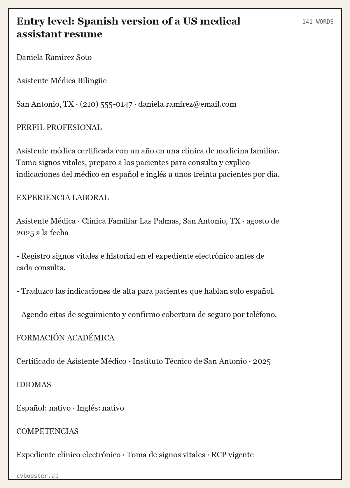 Complete Entry level: Spanish version of a US medical assistant resume example, 141 words, laid out as it would sit in the application form
