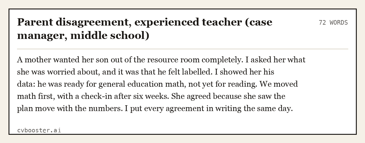 Complete Parent disagreement, experienced teacher (case manager, middle school) example, 72 words, laid out as it would sit in the application form