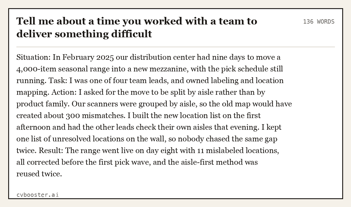 Full interview answer to "Tell me about a time you worked with a team to deliver something difficult", 136 words, labelled Situation, Task, Action, Result