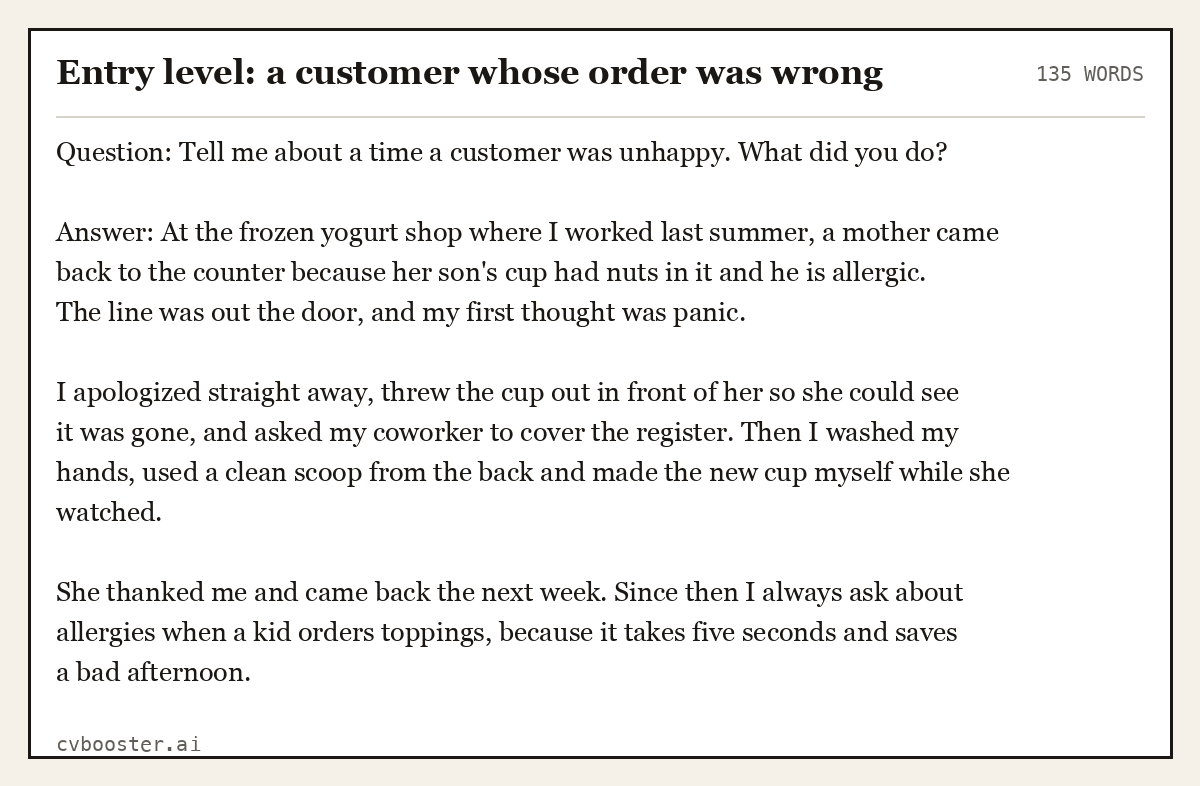 Complete Entry level: a customer whose order was wrong example, 135 words, laid out as it would sit in the application form