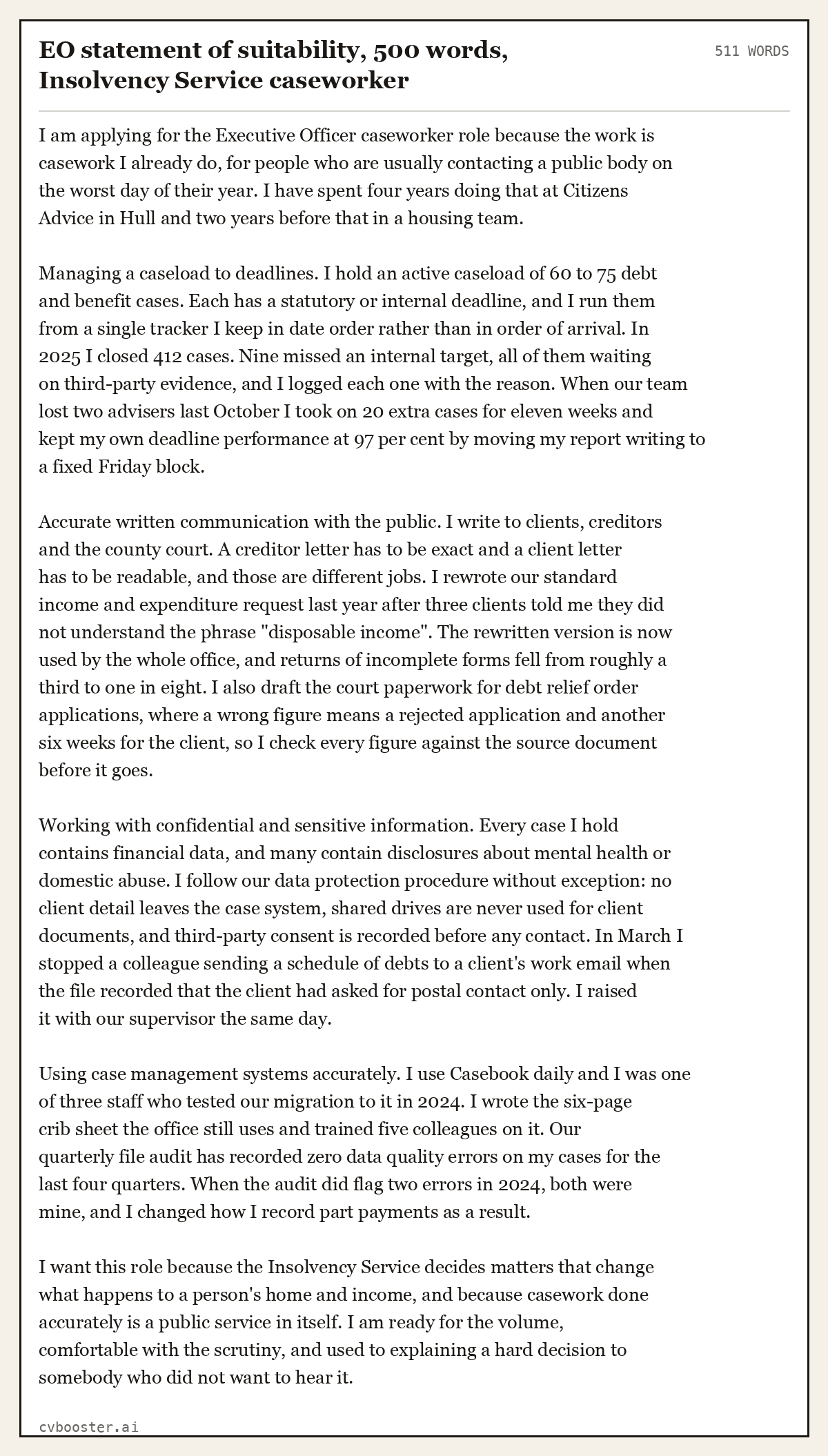Complete EO statement of suitability, 500 words, Insolvency Service caseworker example, 511 words, laid out as it would sit in the application form