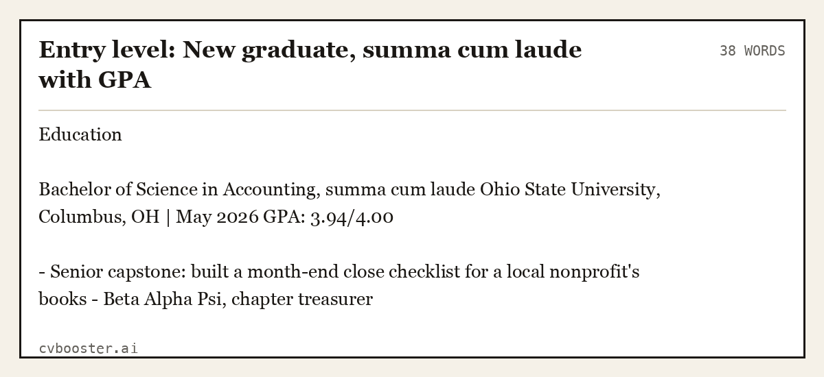 Complete Entry level: New graduate, summa cum laude with GPA example, 38 words, laid out as it would sit in the application form