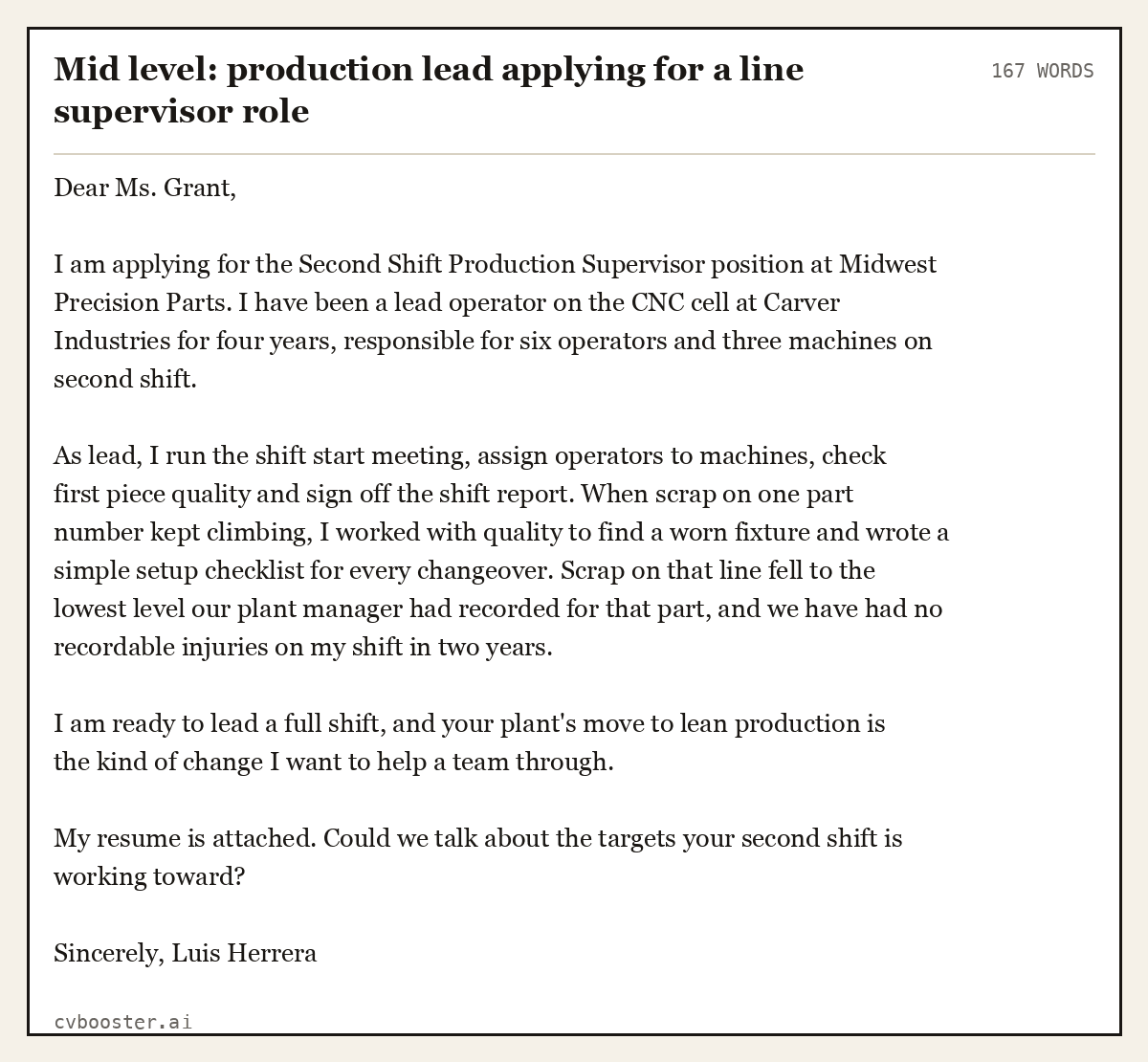 Complete Mid level: production lead applying for a line supervisor role example, 167 words, laid out as it would sit in the application form