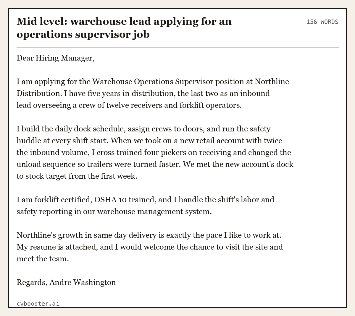 Complete Mid level: warehouse lead applying for an operations supervisor job example, 156 words, laid out as it would sit in the application form