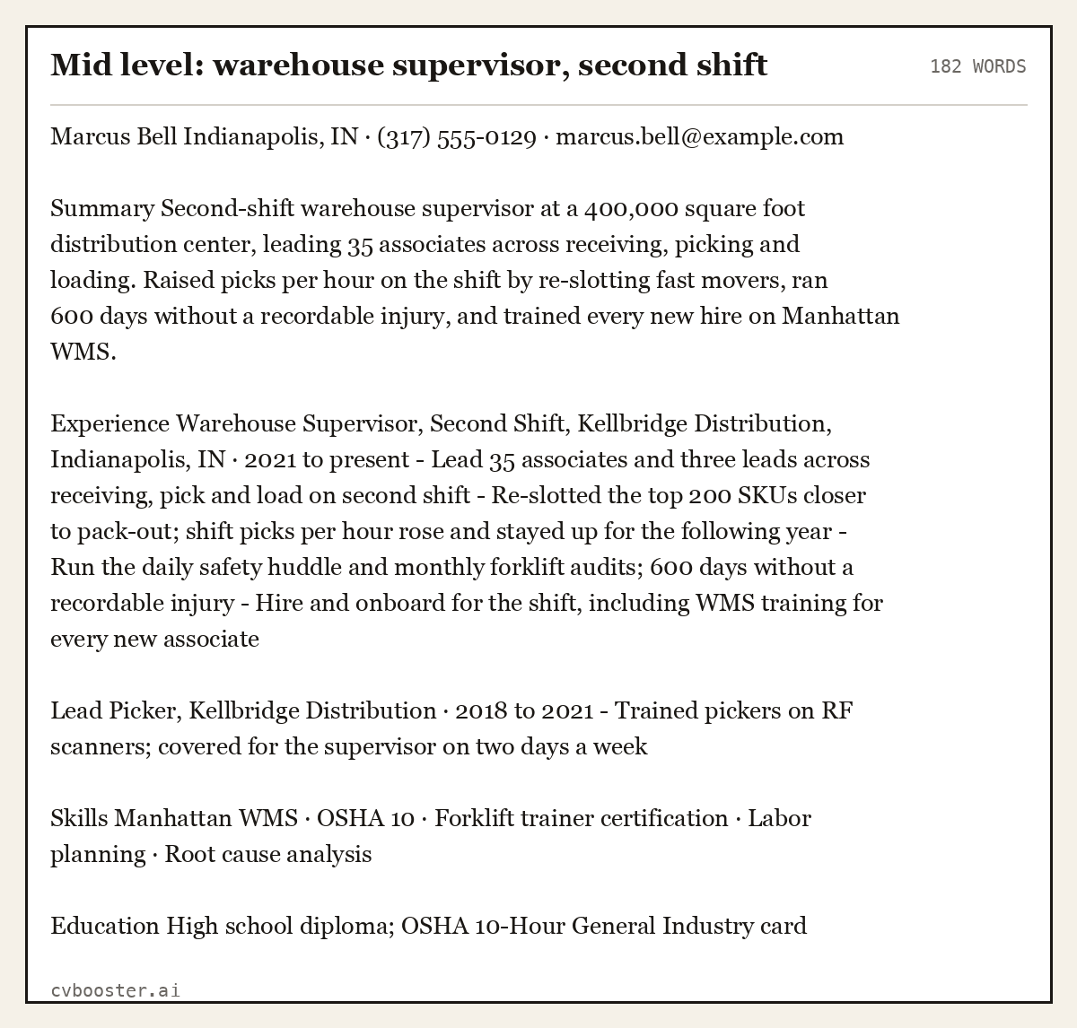 Complete Mid level: warehouse supervisor, second shift example, 182 words, laid out as it would sit in the application form