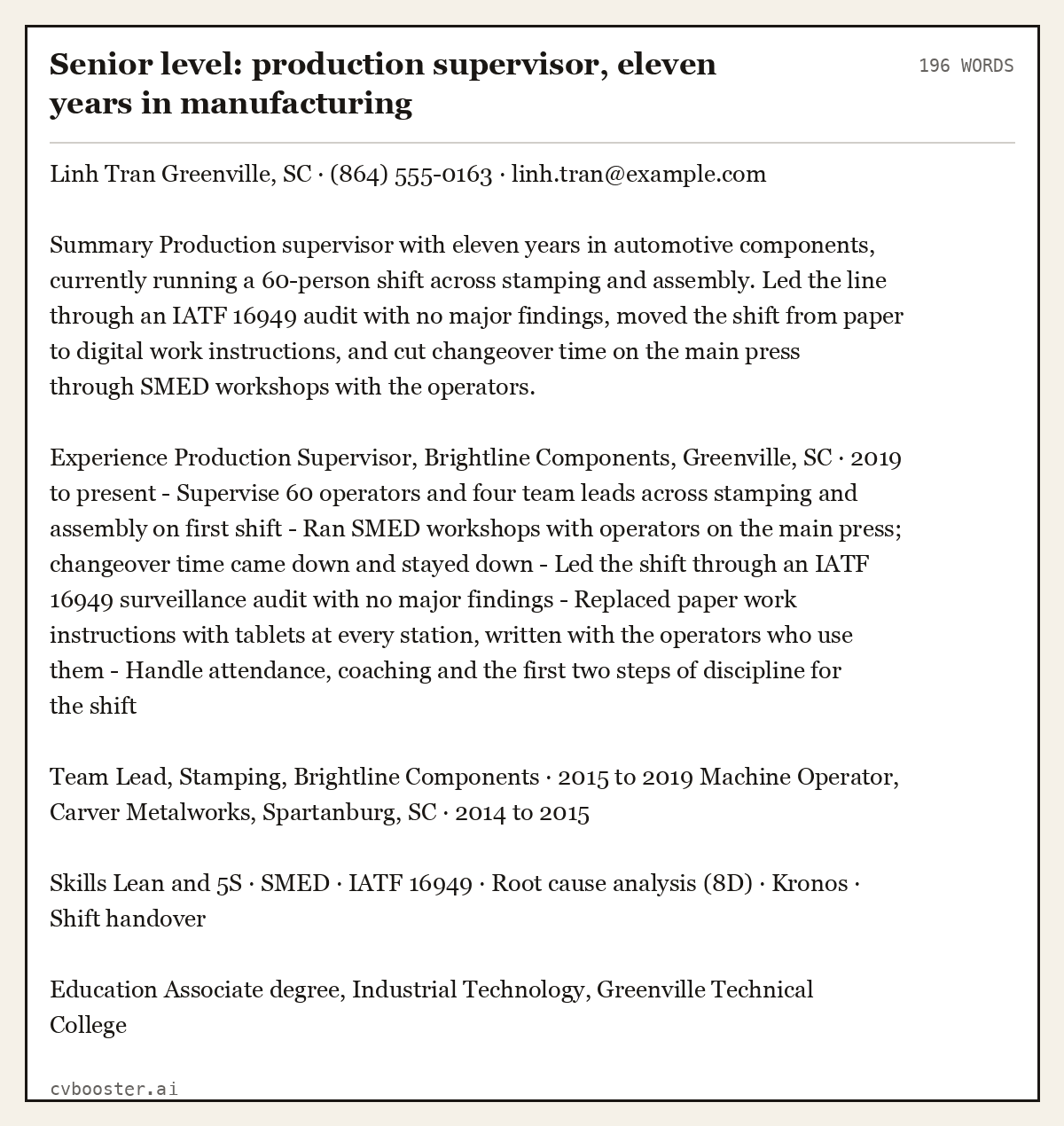 Complete Senior level: production supervisor, eleven years in manufacturing example, 196 words, laid out as it would sit in the application form