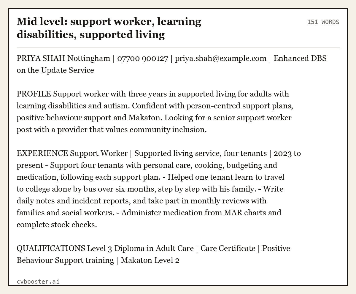 Complete Mid level: support worker, learning disabilities, supported living example, 151 words, laid out as it would sit in the application form