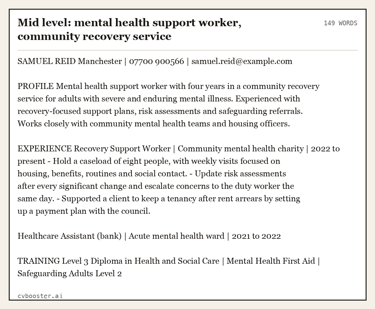 Complete Mid level: mental health support worker, community recovery service example, 149 words, laid out as it would sit in the application form