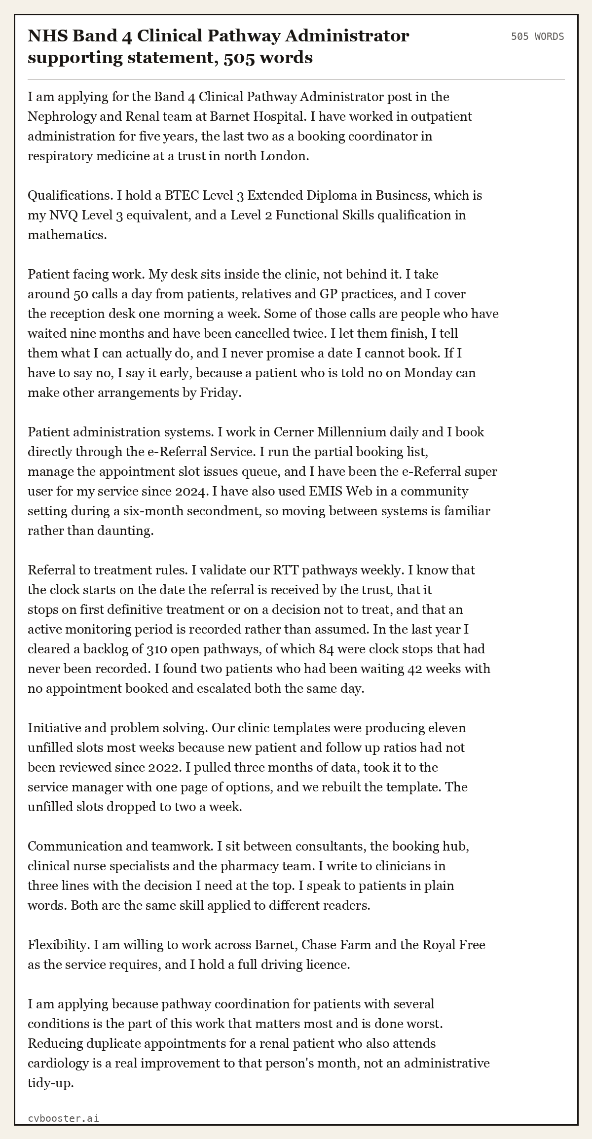 Complete NHS Band 4 Clinical Pathway Administrator supporting statement example, 505 words, laid out as it would sit in the application form