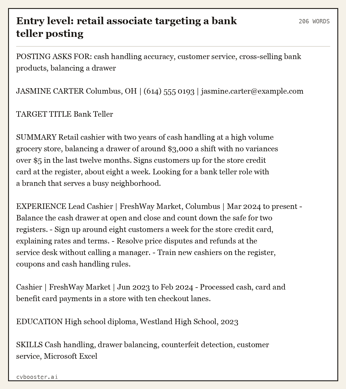 Complete Entry level: retail associate targeting a bank teller posting example, 206 words, laid out as it would sit in the application form