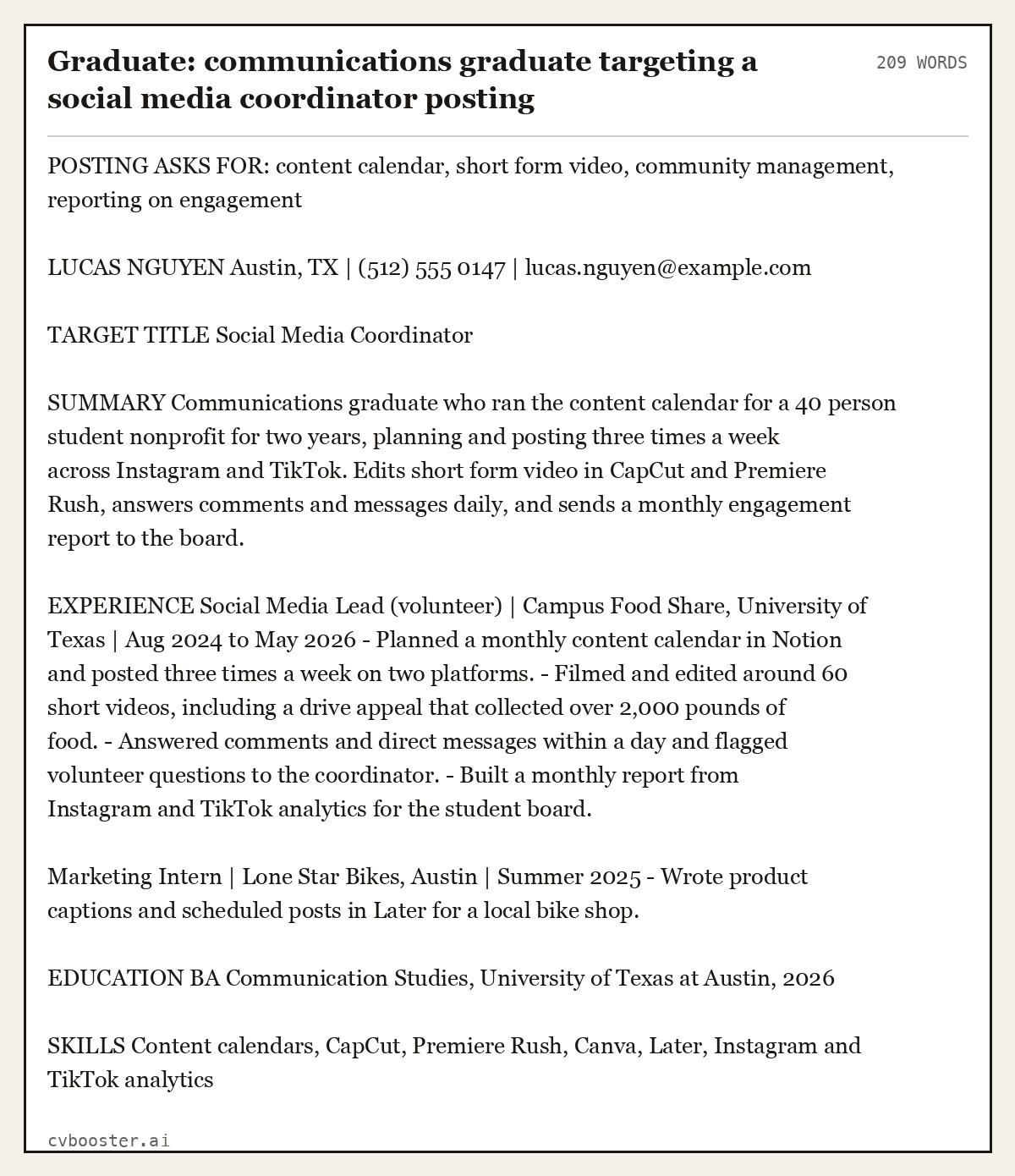 Complete Graduate: communications graduate targeting a social media coordinator posting example, 209 words, laid out as it would sit in the application form