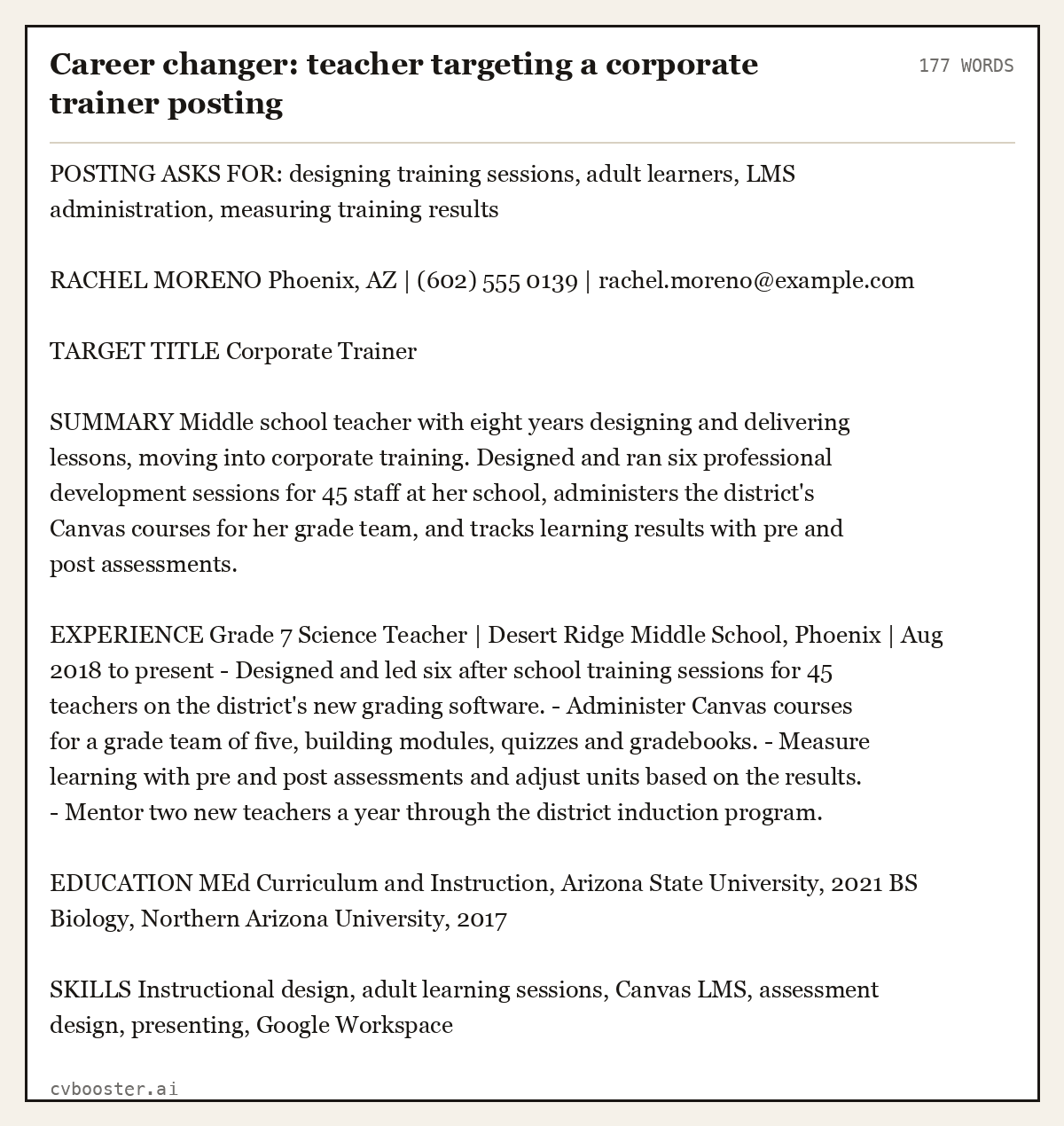 Complete Career changer: teacher targeting a corporate trainer posting example, 177 words, laid out as it would sit in the application form