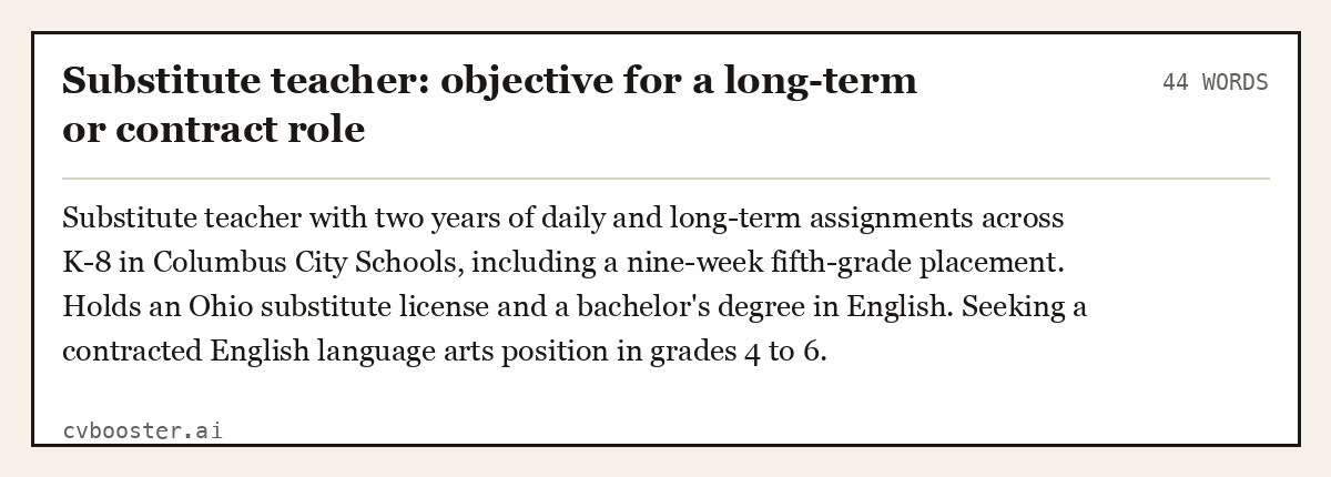 Complete Substitute teacher: objective for a long-term or contract role example, 44 words, laid out as it would sit in the application form