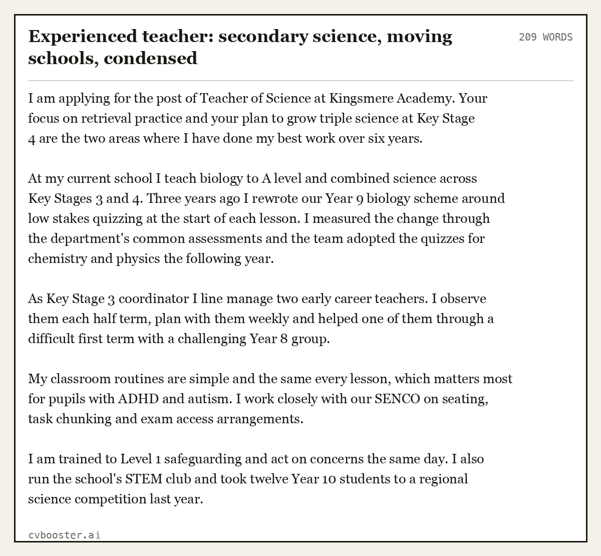 Complete Experienced teacher: secondary science, moving schools sample personal statement, 209 words, laid out as it would sit in the application form