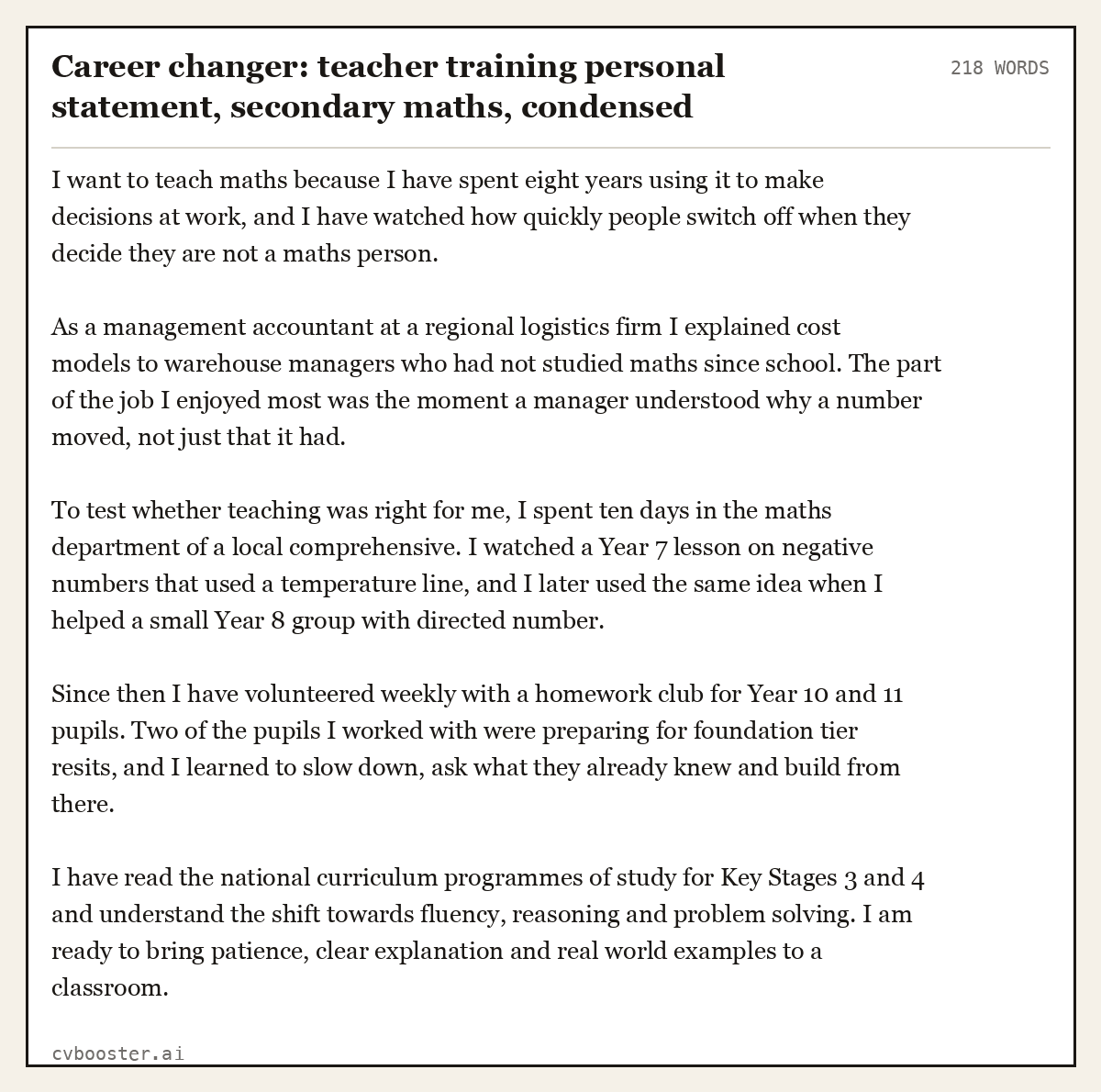 Complete Career changer: teacher training personal statement, secondary maths sample personal statement, 218 words, laid out as it would sit in the application form