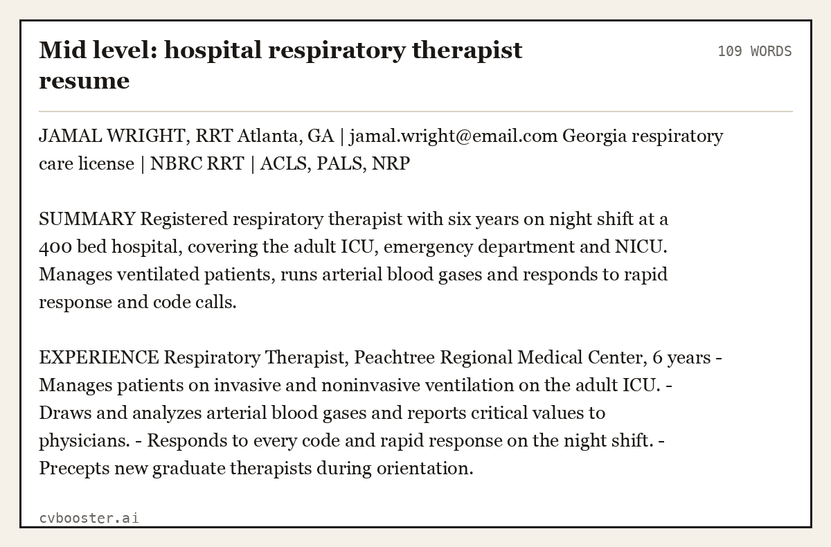 Complete Mid level: hospital respiratory therapist resume example, 109 words, laid out as it would sit in the application form