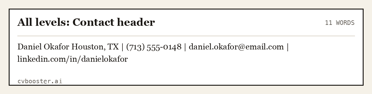 Complete All levels: Contact header example, 11 words, laid out as it would sit in the application form