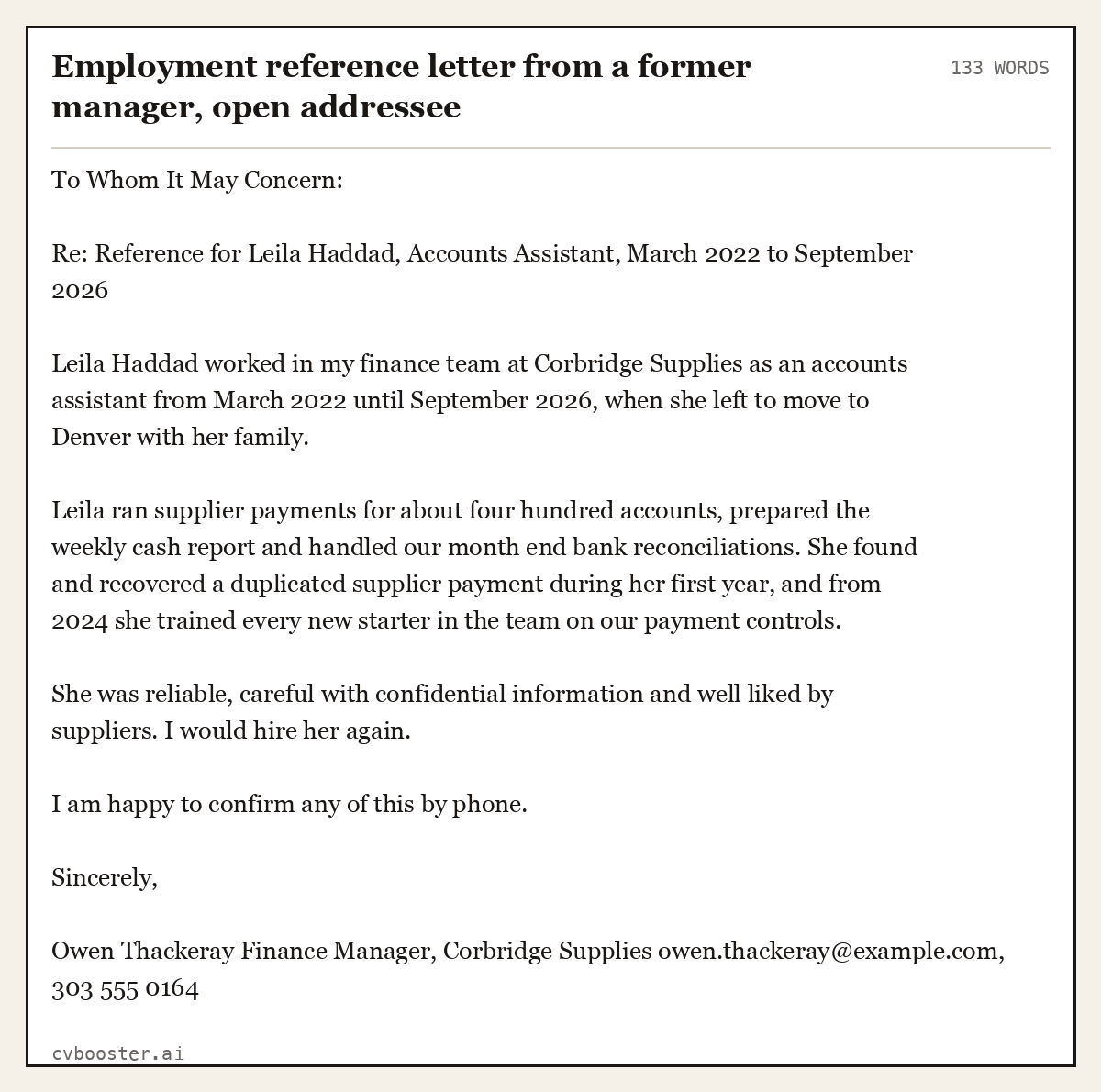 Complete Employment reference letter from a former manager, open addressee example, 133 words, laid out as it would sit in the application form