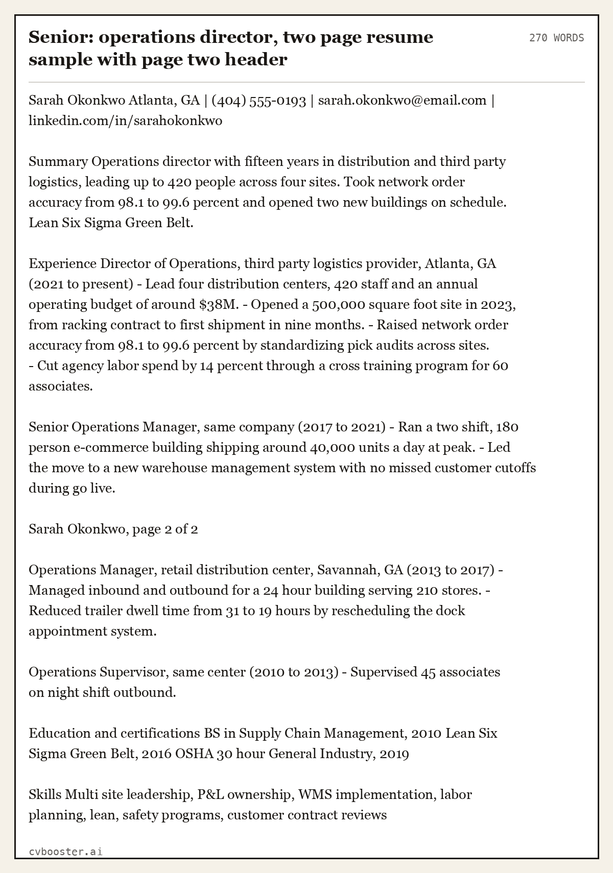 Complete two page resume sample for an operations director, 270 words, showing where page one ends and the page two header with name and page number
