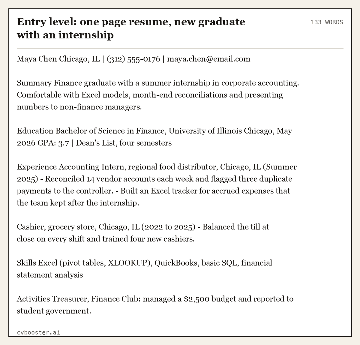 Entry level: one page resume, new graduate with an internship, complete text example, 133 words