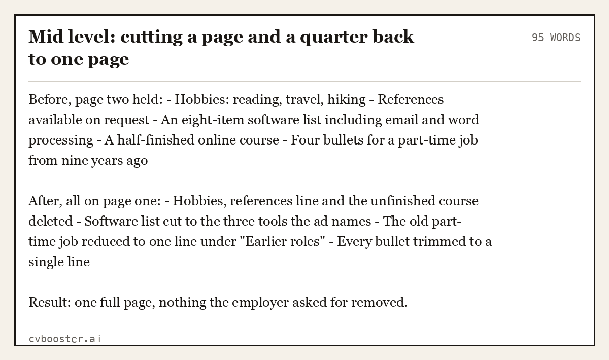 Mid level: cutting a page and a quarter back to one page, complete text example, 95 words