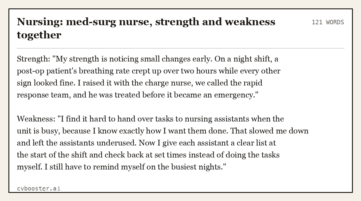 Complete Nursing: med-surg nurse, strength and weakness together example, 121 words, laid out as it would sit in the application form