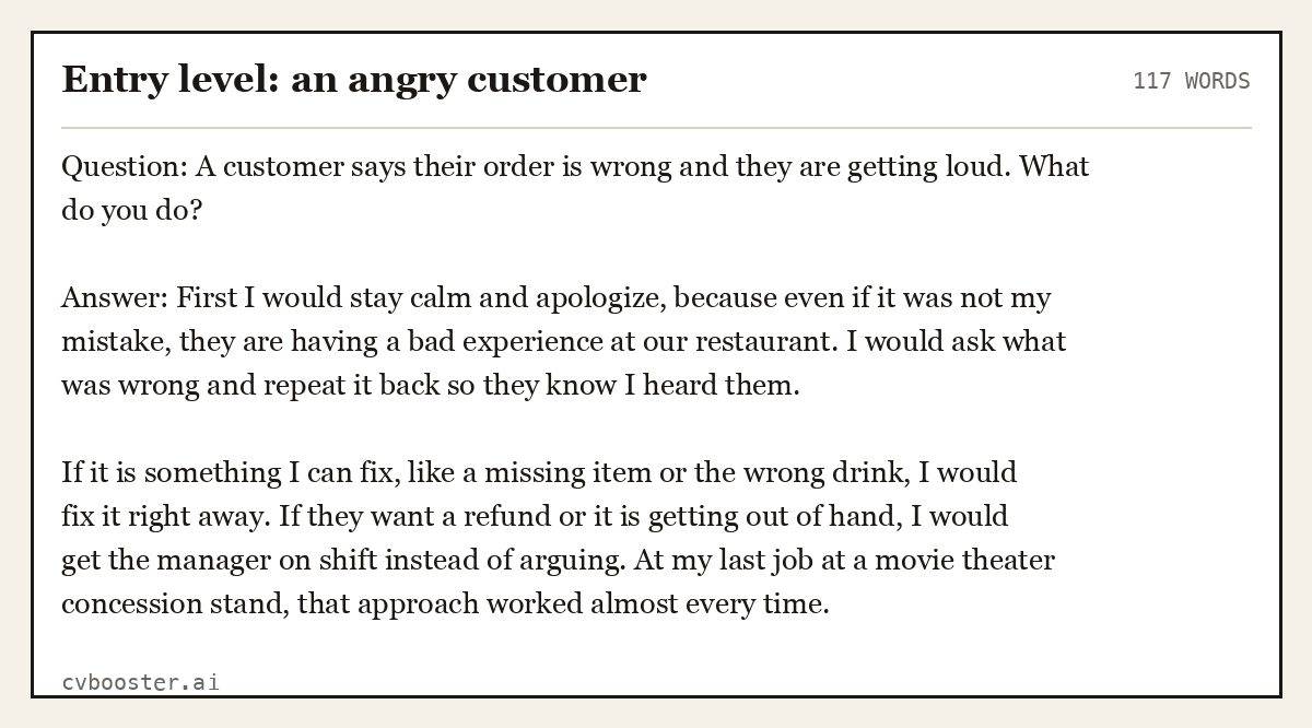 Complete Entry level: an angry customer example, 117 words, laid out as it would sit in the application form