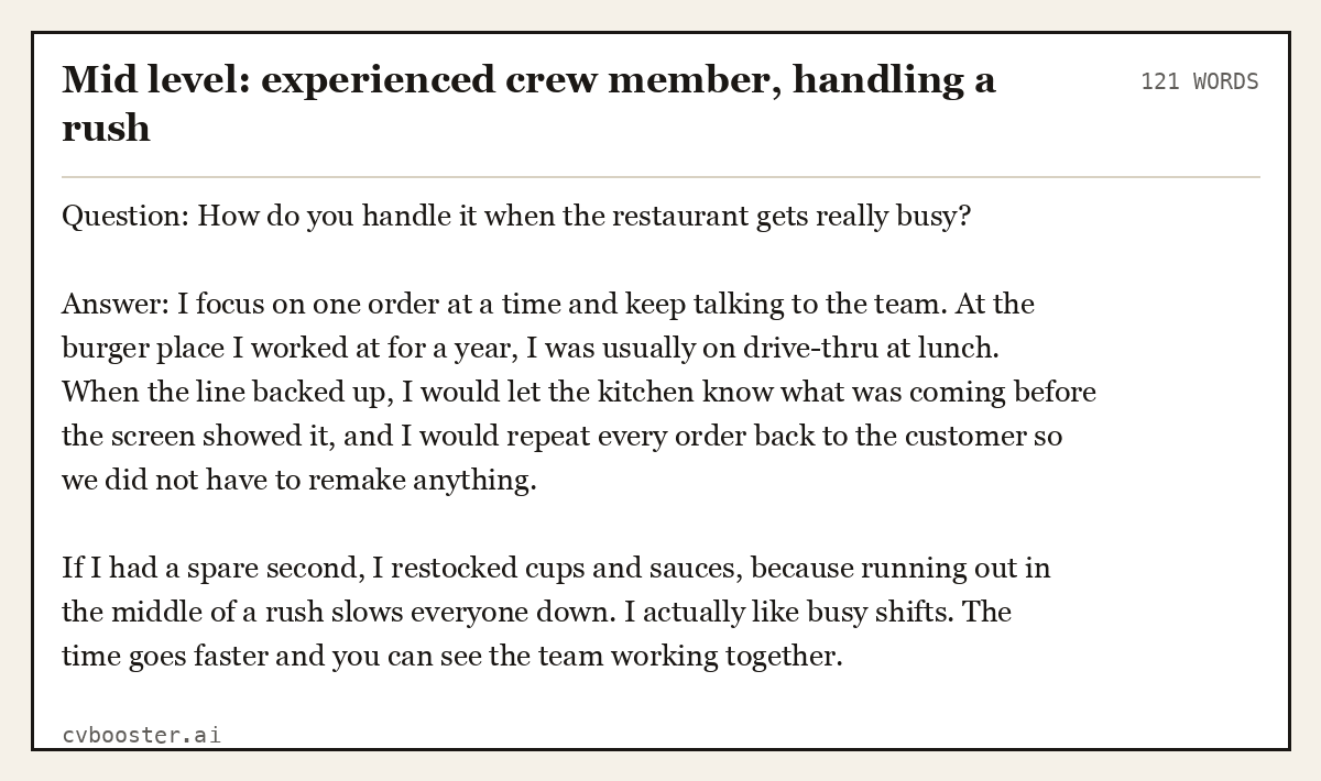Complete Mid level: experienced crew member, handling a rush example, 121 words, laid out as it would sit in the application form