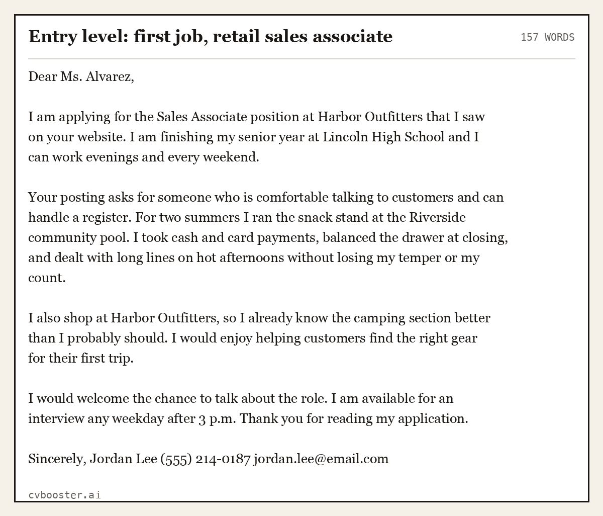 Complete Entry level: first job, retail sales associate example, 157 words, laid out as it would sit in the application form