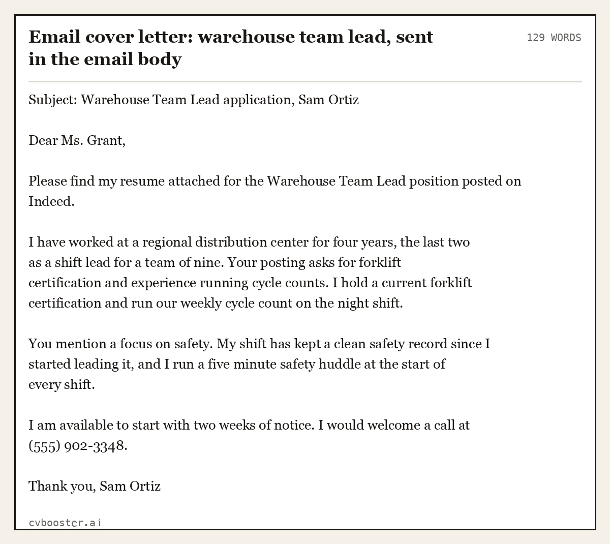 Complete Email cover letter: warehouse team lead, sent in the email body example, 129 words, laid out as it would sit in the application form