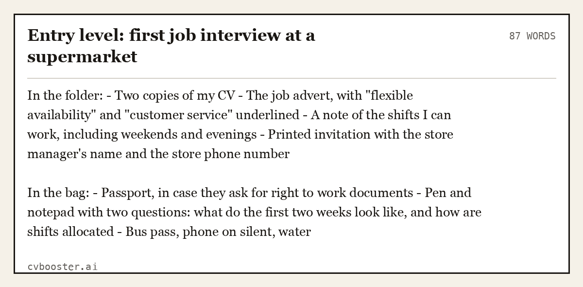 Complete Entry level: first job interview at a supermarket example, 87 words, laid out as it would sit in the application form