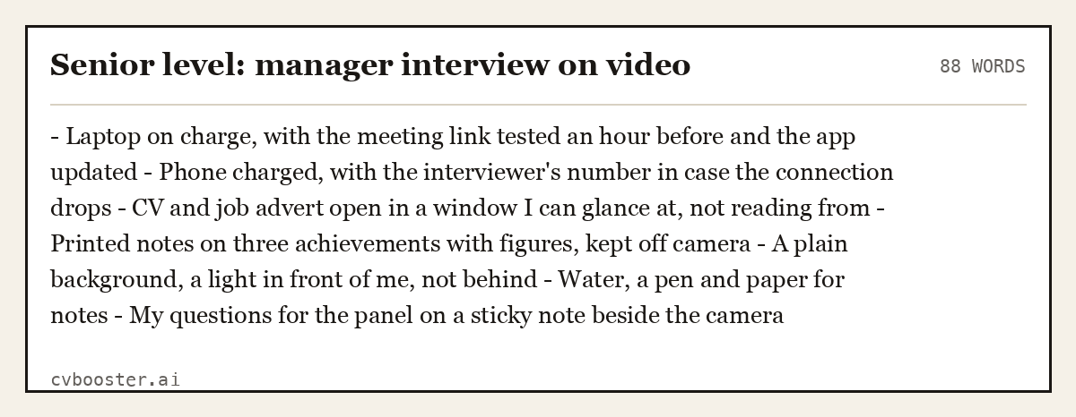 Complete Senior level: manager interview on video example, 88 words, laid out as it would sit in the application form