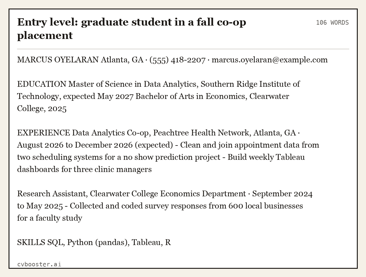 Complete Entry level: graduate student in a fall co-op placement example, 106 words, laid out as it would sit in the application form
