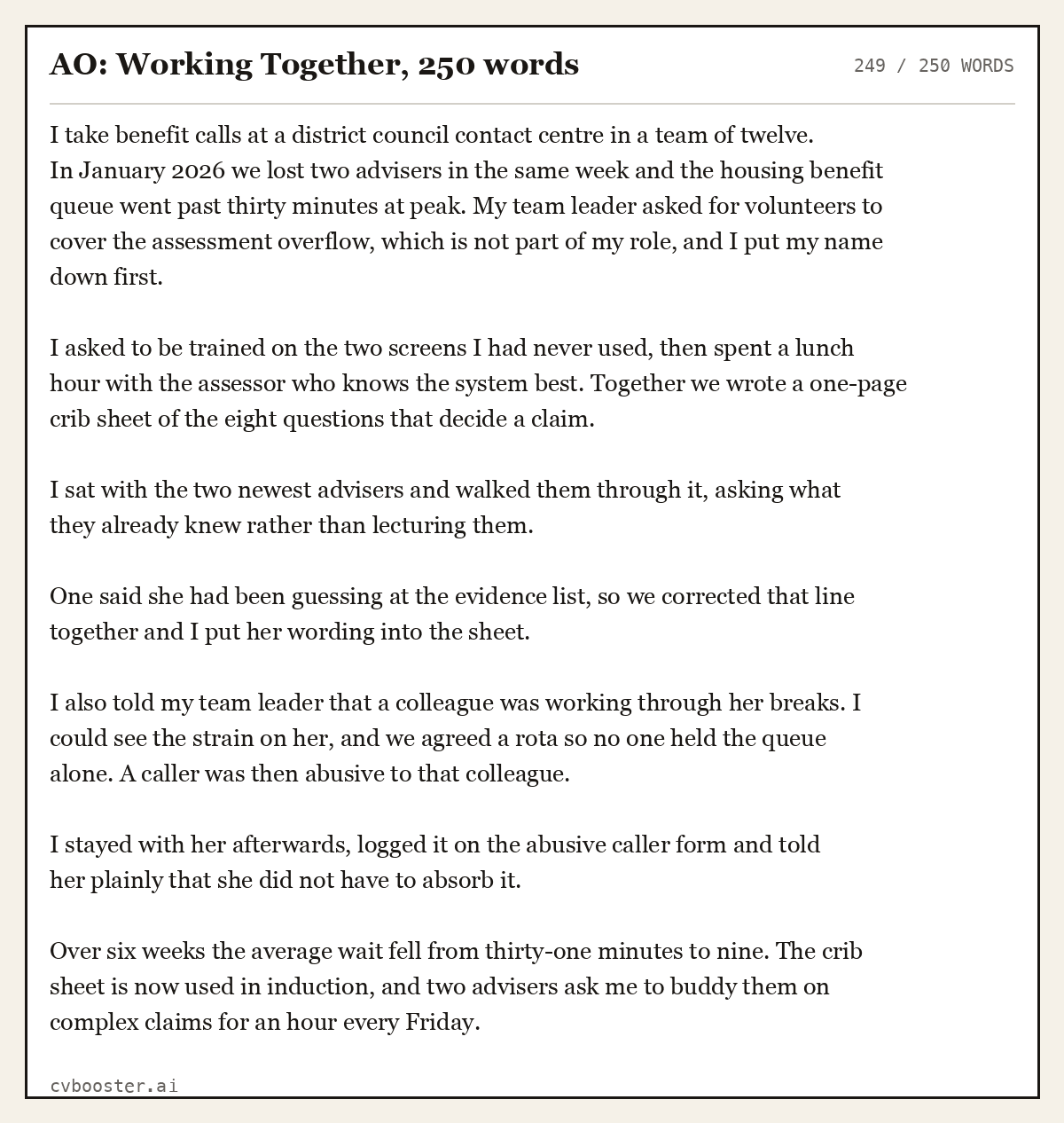 Complete AO: Working Together example, 249 words, laid out as it would sit in the application form