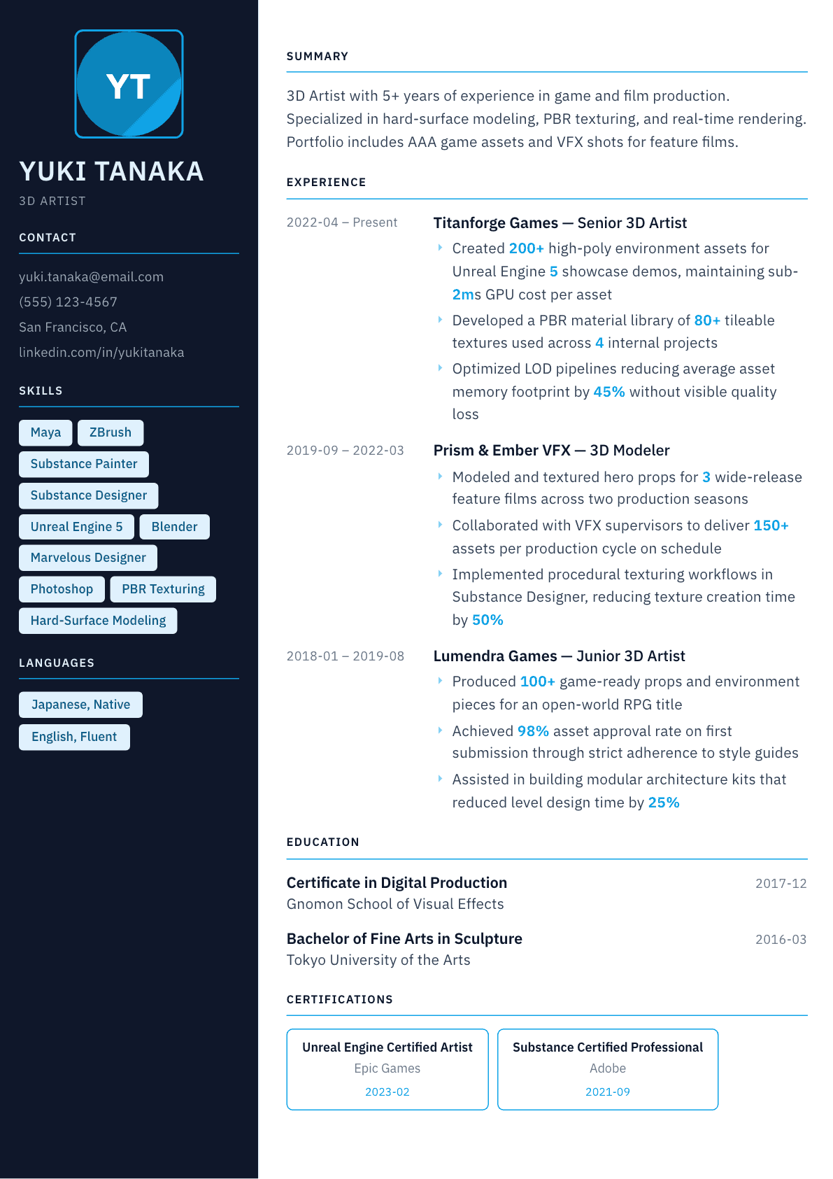 3D Artist resume example, Everest template