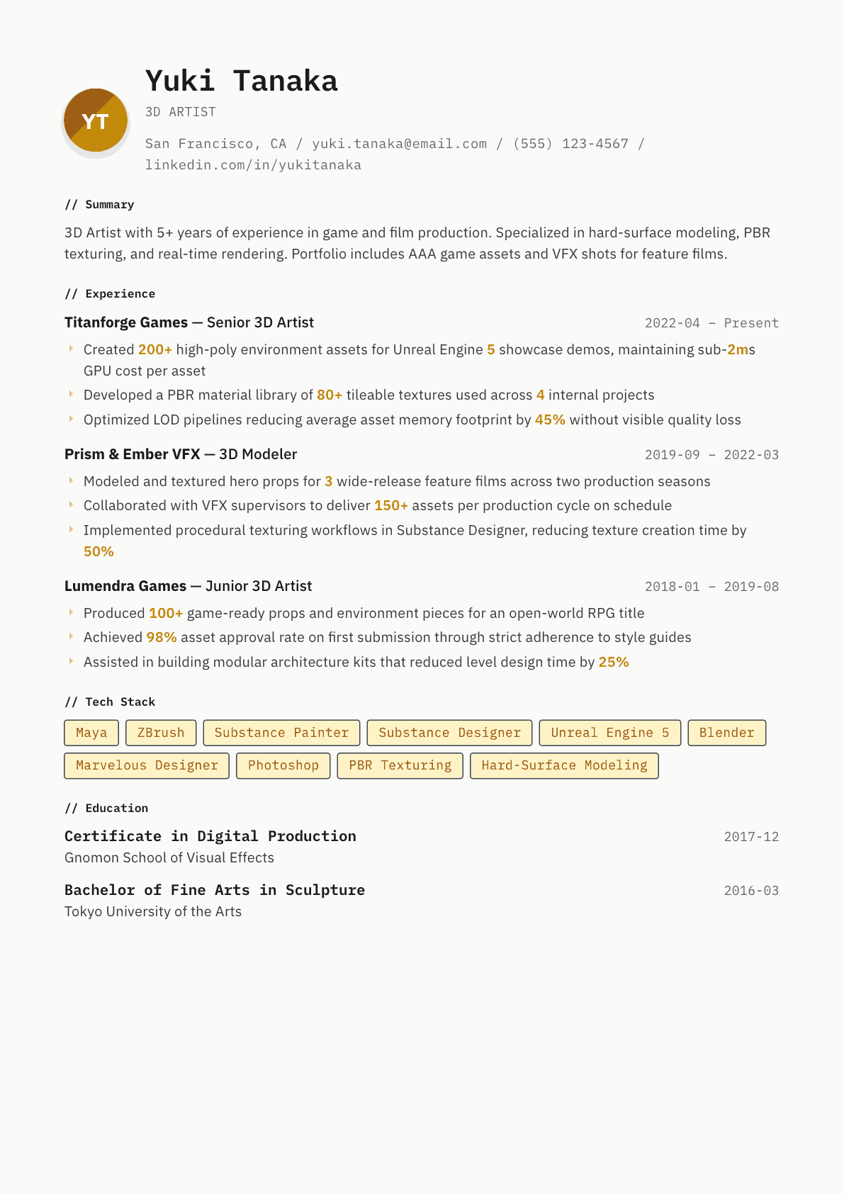 3D Artist resume example, Inkwell template