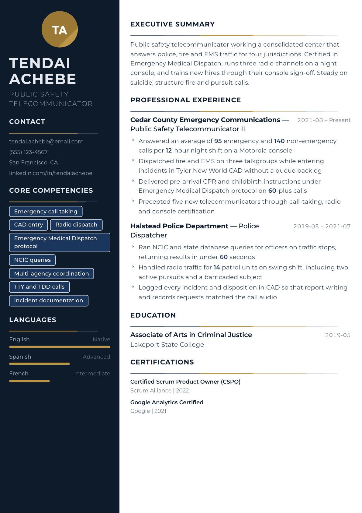 911 Dispatcher resume example, Catalyst template