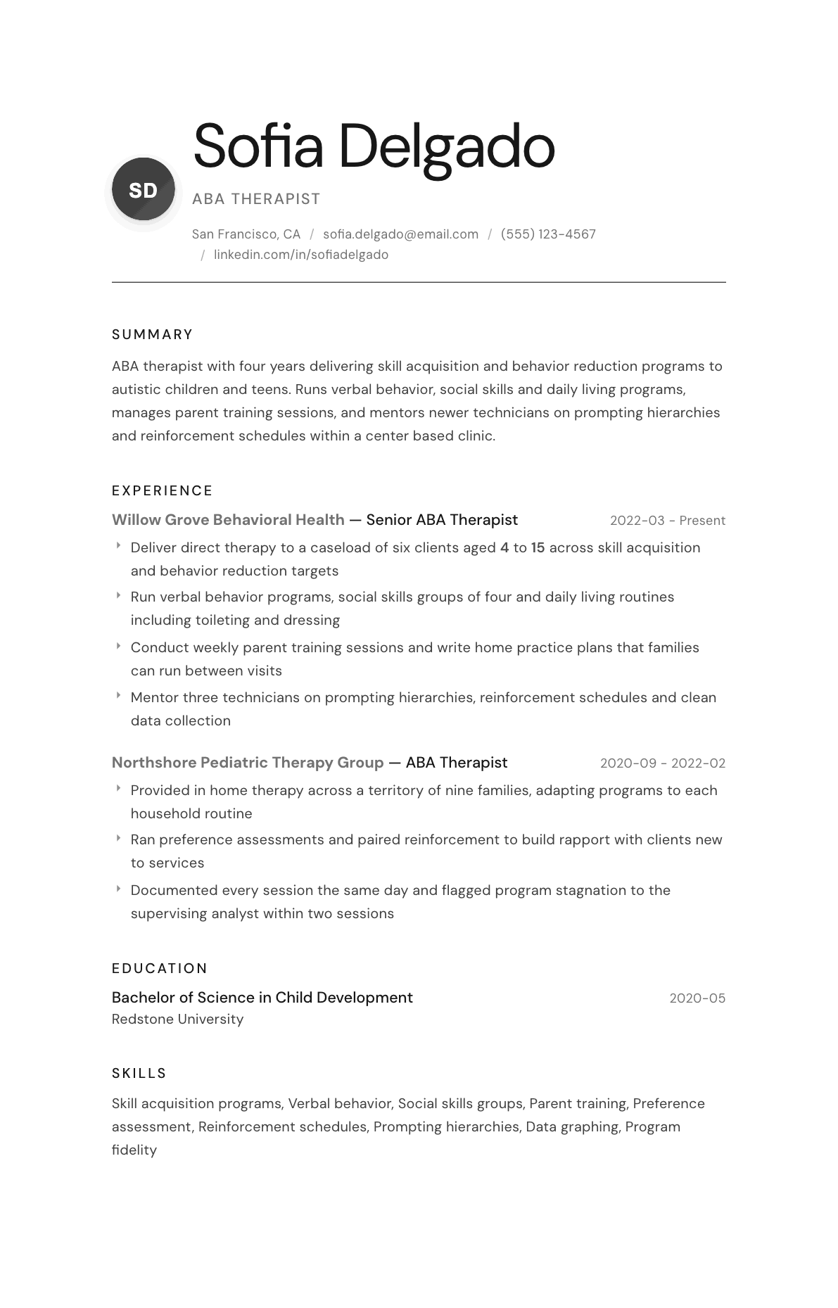 ABA Therapist resume example, Whisper template