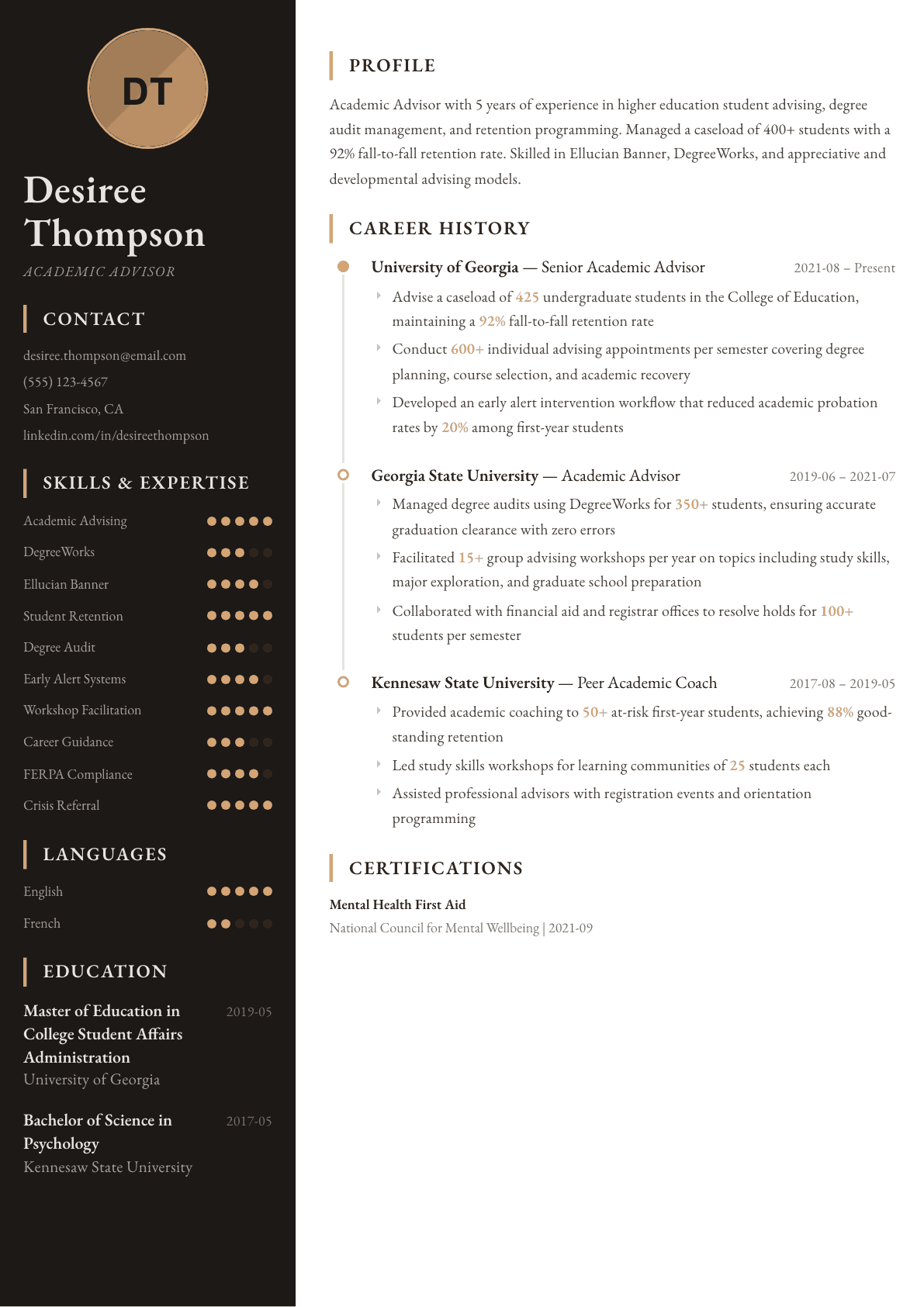 Academic Advisor resume example, Heritage template