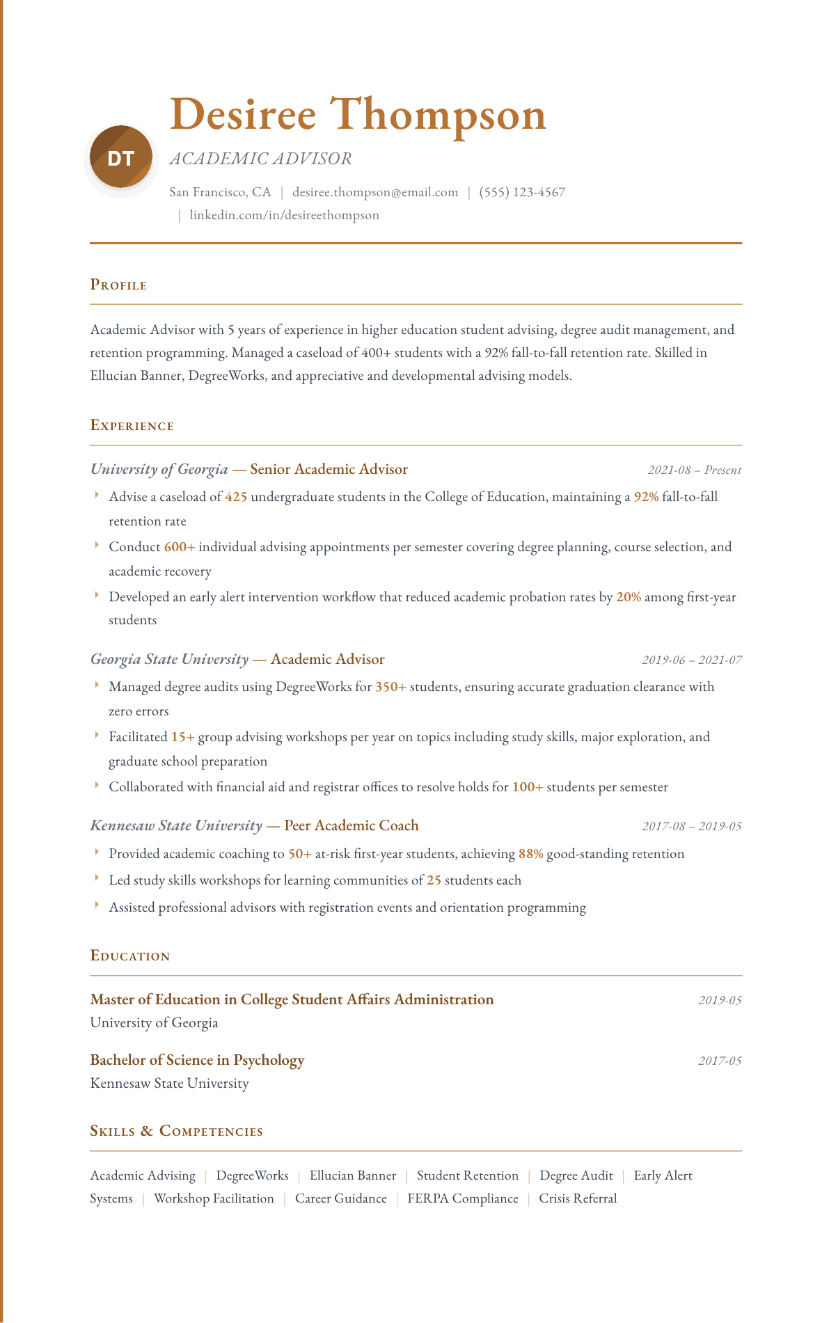 Academic Advisor resume example, Timeless template
