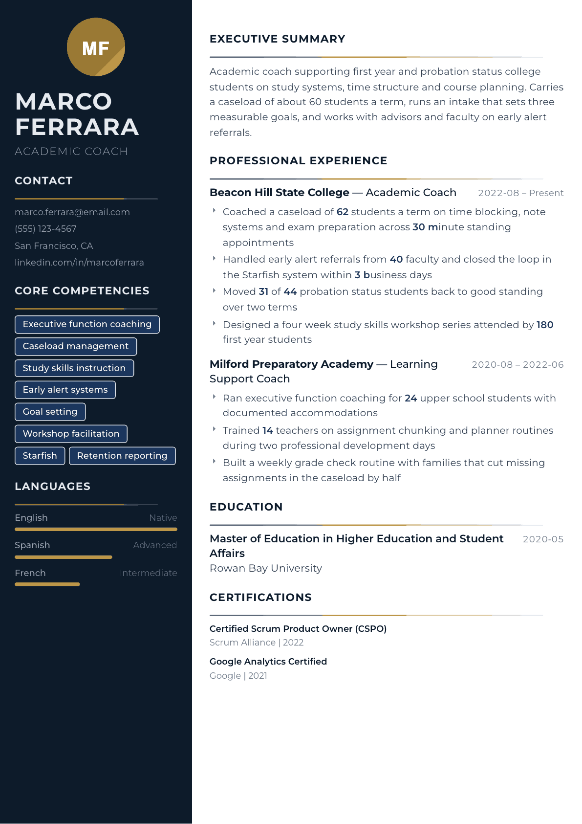 Academic Coach resume example, Catalyst template
