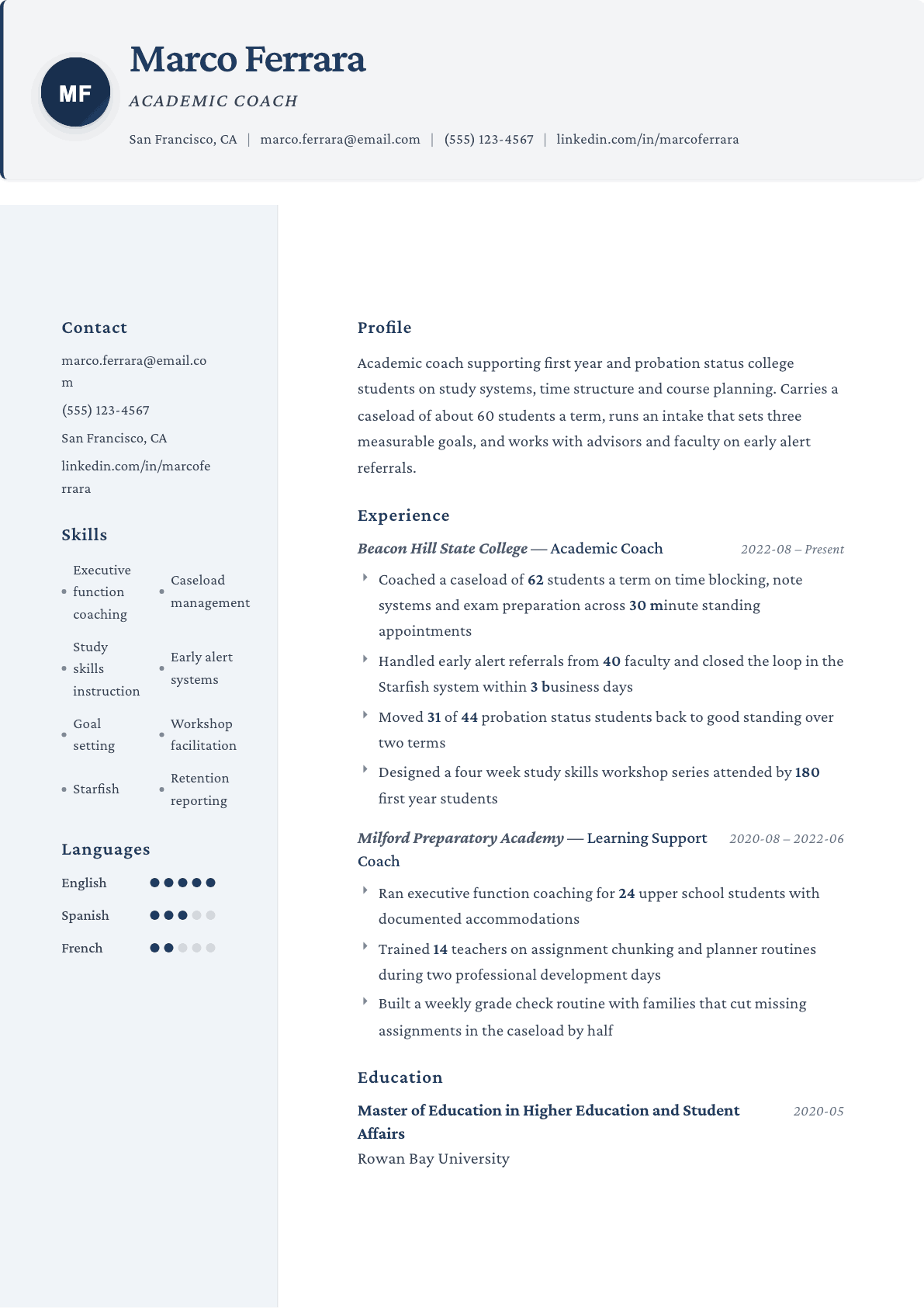 Academic Coach resume example, Formal template