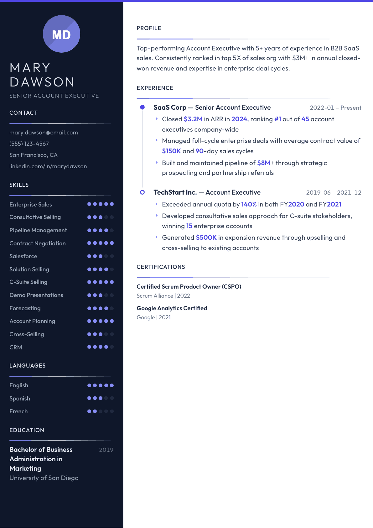 Account Executive resume example, Zenith template