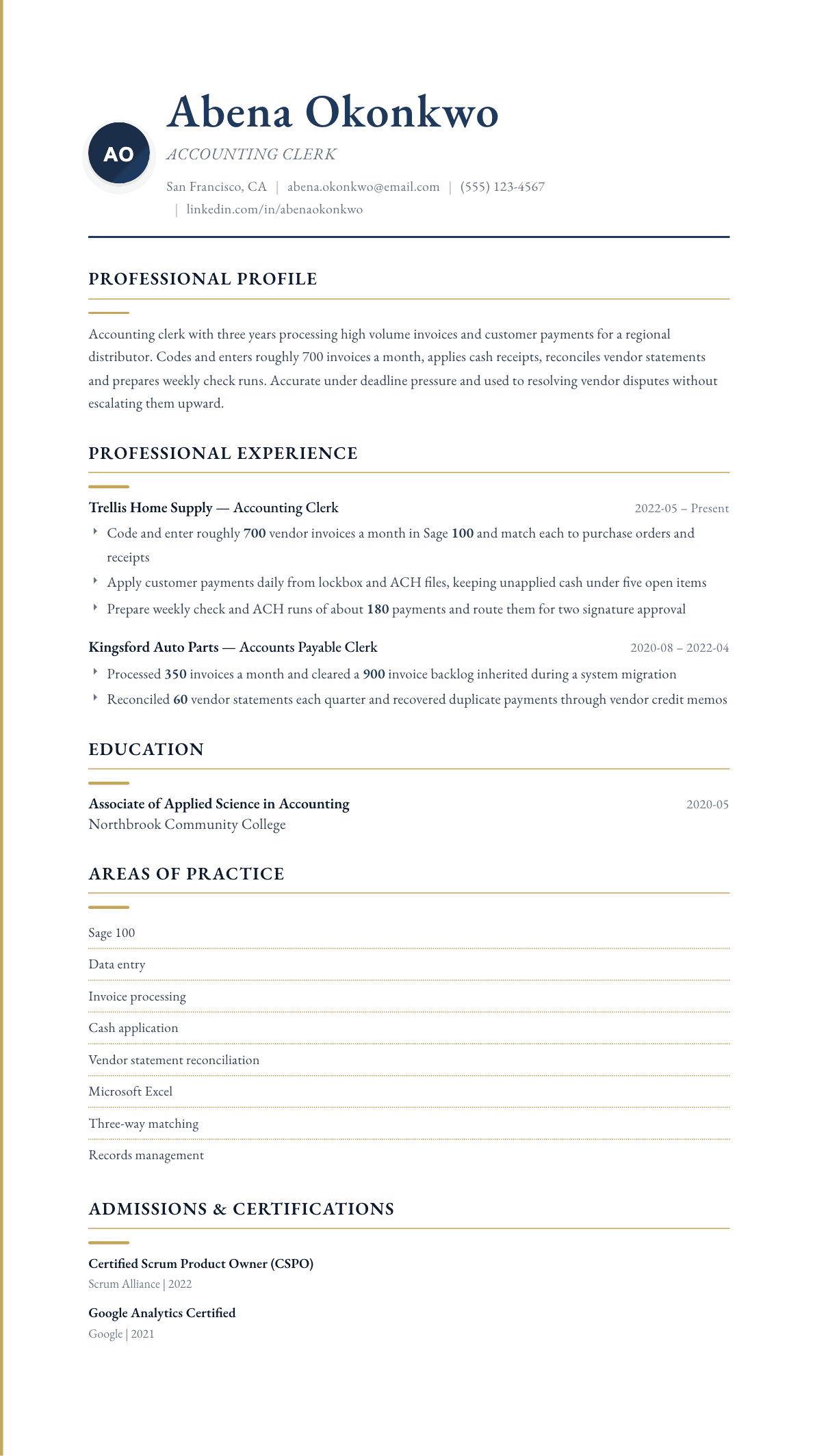 Accounting Clerk resume example, Folio template