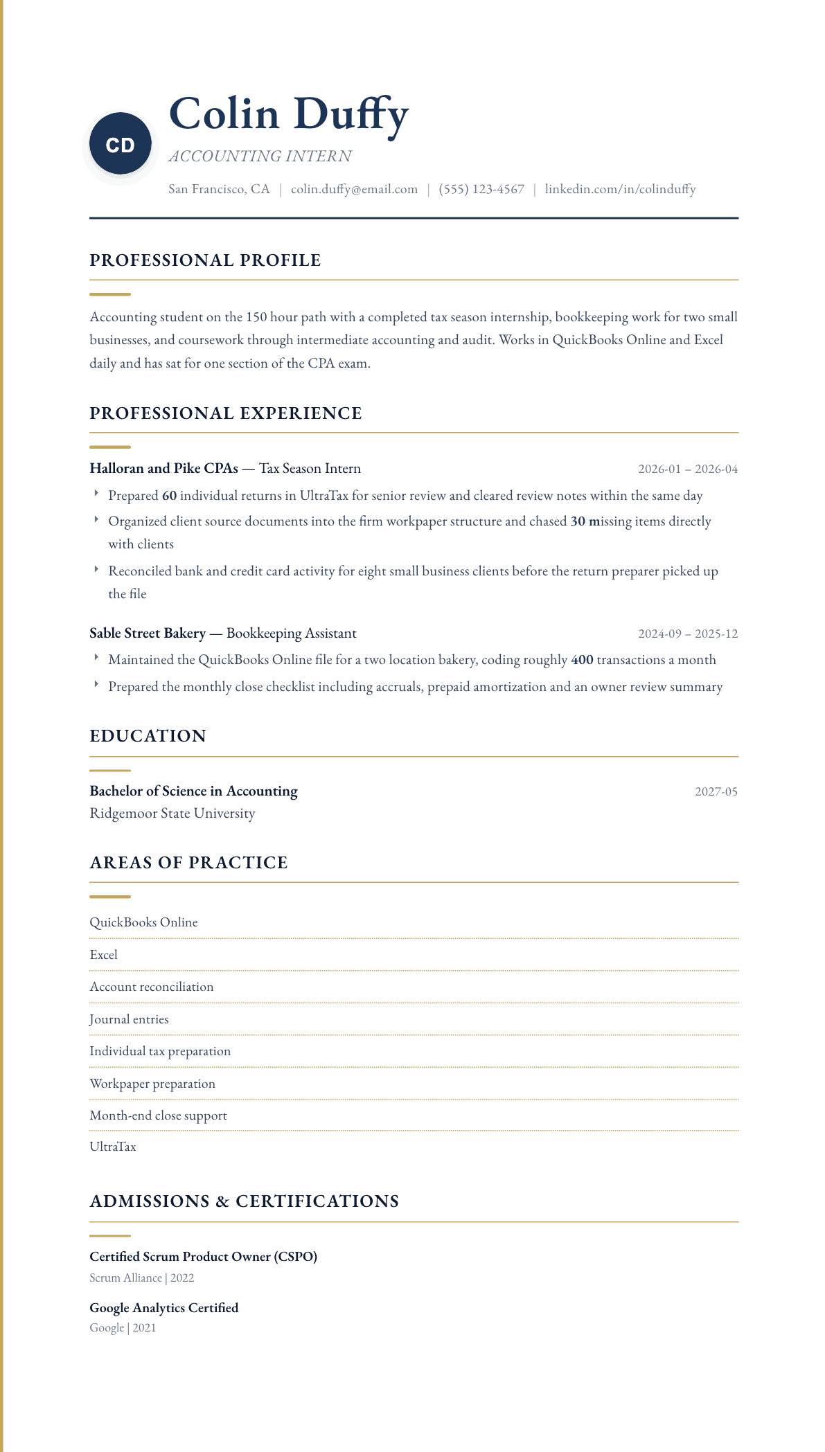 Accounting Intern resume example, Folio template