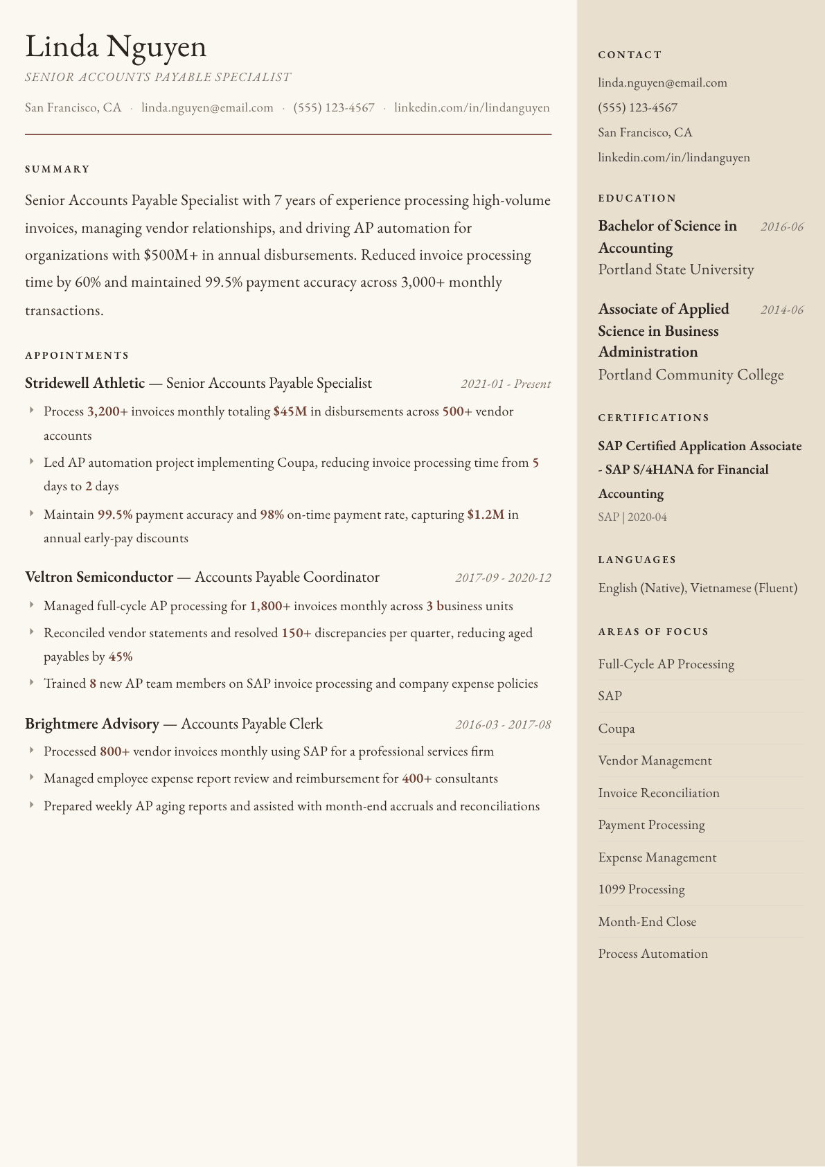 Accounts Payable Specialist resume example, Manuscript template