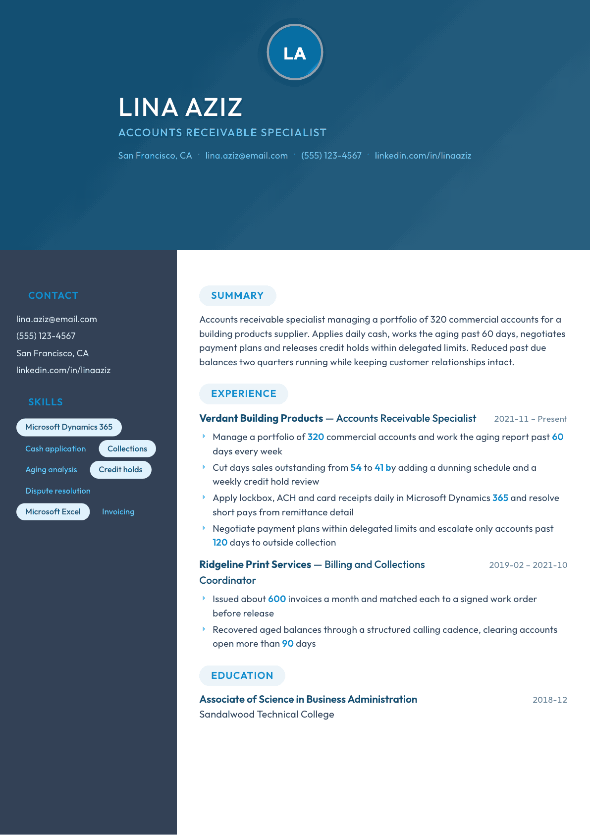 Accounts Receivable Specialist resume example, Nexus template